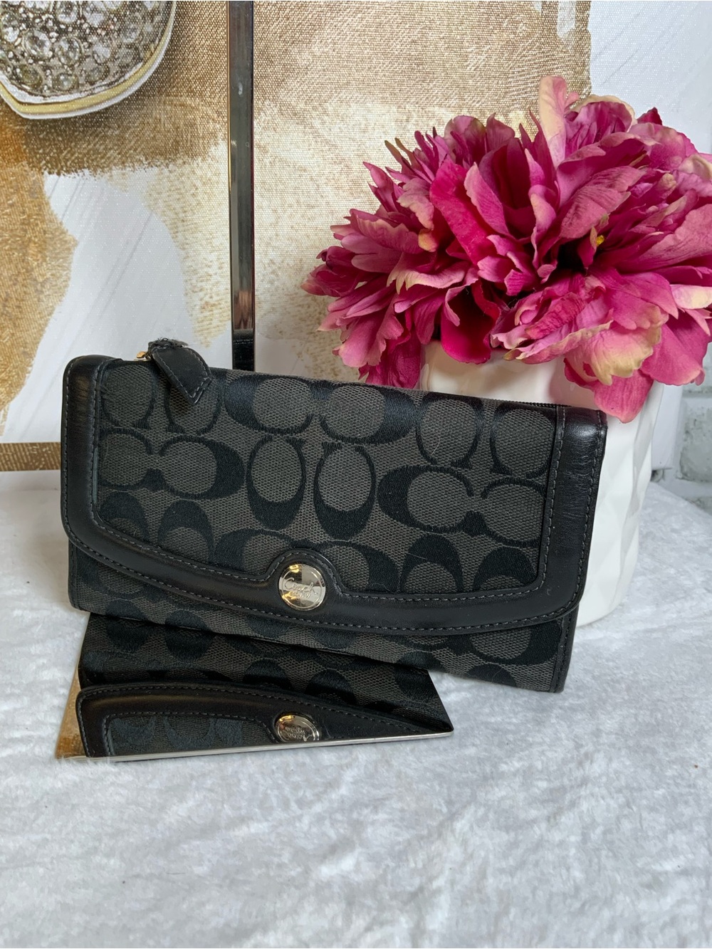 Coach Black Signature Jacquard Fold-Over Wallet with Gold Tone Snap